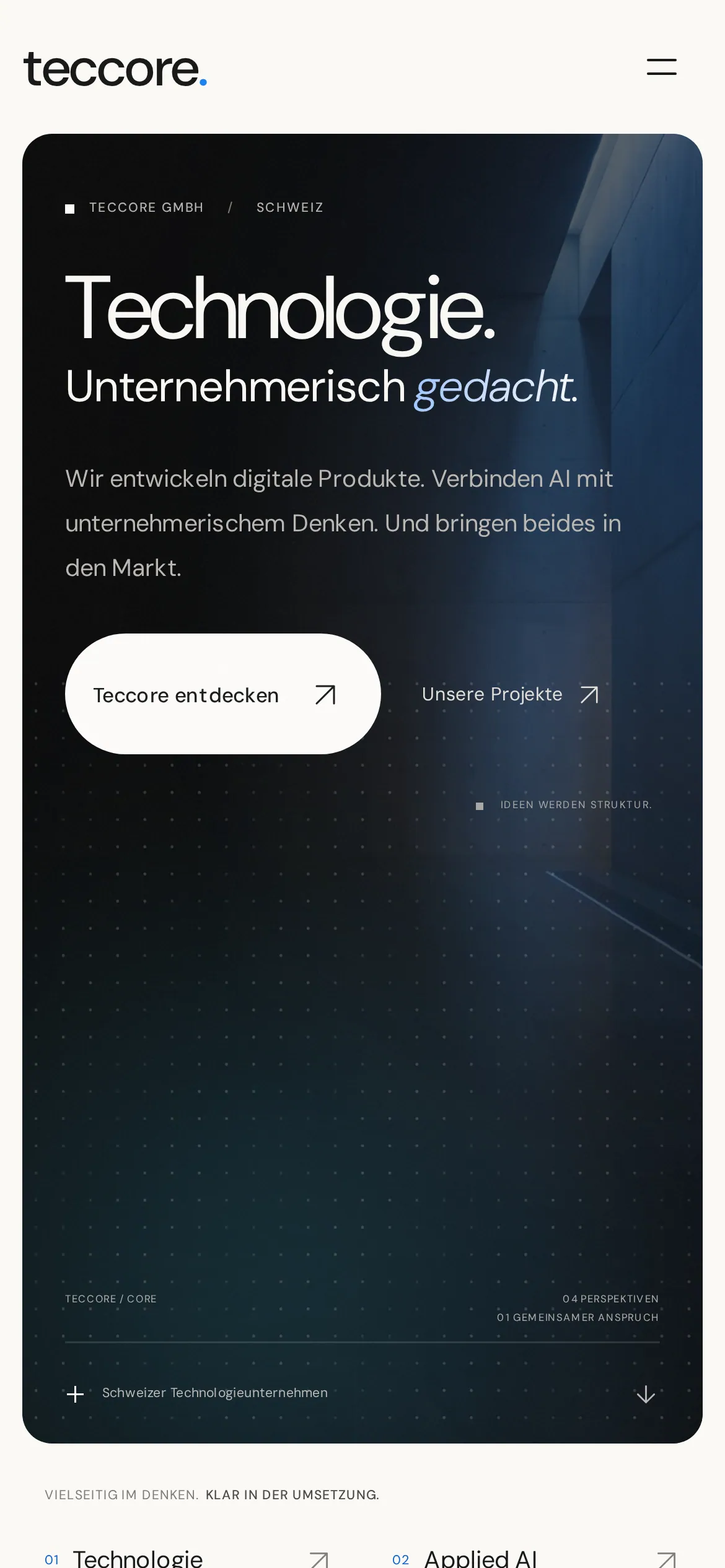 Startseite von teccore.ch am Smartphone